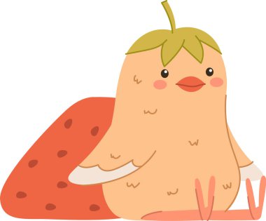 Çilek gibi vücudu ve yaprak şapkası olan bir çizgi film kuşu. Yaratık kuş özelliklerini meyve özellikleriyle birleştiriyor. Çizgi film vektör illüstrasyonu.