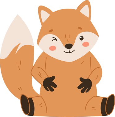 Göz kırpan bir ifadeyle neşeli bir tilki ve çizgi film tarzında kıllı bir kuyruk. Gülümseyen hayvan göbeğinde pençeleriyle oturur ve neşe saçar. Çizgi film vektör illüstrasyonu.