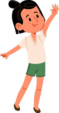 Kısa saçlı ve günlük kıyafetleri olan küçük bir çocuk bir elini oyuncu bir şekilde kaldırır. Karakter tek ayak üzerinde dururken parlak bir şekilde gülümsüyor. Çizgi film vektör illüstrasyonu.