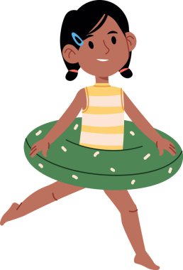 Çizgili mayolu ve yüzme yüzüklü neşeli bir kız. Çocuk kısa saçlı ve neşeli bir ifadeyle tasvir edilir. Çizgi film vektör illüstrasyonu.