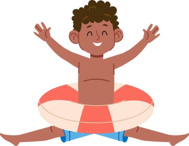 Yüzme yüzüklü neşeli bir çocuk, heyecan içinde kollarını kaldırmış, çizgi film tarzında tasvir edilmiş. Neşeli bir çocuk şişme bir yüzükle oturur, mutluluğu ve oyunculuğu ifade eder. Çizgi film vektör illüstrasyonu.