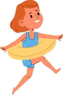 Puantiyeli mayo giymiş elinde yüzme yüzüğü olan, çizgi film tarzında betimlenmiş bir kız çocuğu. Genç bir kız neşe içinde yüzme yüzüğüyle dengede duruyor, eğlenceli bir şekilde resmedilmiş. Çizgi film vektör illüstrasyonu.
