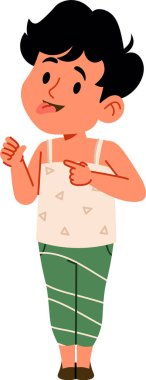 Siyah saçlı genç bir çocuk, desenli bir atlet bluz ve çizgili pantolon giyerek neşeli bir poz verir. Çocuk neşeli bir ifade ve hareketli bir duruş ile tasvir edilir. Çizgi film vektör illüstrasyonu.