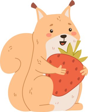 Neşeli bir sincap, neşeli bir çizgi film tarzında büyük bir çileği kucaklar. Hayvanlar neşeli ifade tuhaf sahnelere cazibe katar. Çizgi film vektör illüstrasyonu.