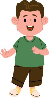 Kısa saçlı, yeşil gömlekli, çizgi film tarzında el sallayan ve gülümseyen neşeli bir çocuk. Çocuk neşe ve dostluğu ifade eden kahverengi pantolon ve spor ayakkabıları giyiyor. Çizgi film vektör illüstrasyonu.