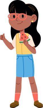Gözlüklü bir kız karpuz dilimini neşeli bir çizgi film tarzında tutuyor. Genç bir kadın karakter neşeli bir ifadeyle sulu bir meyve atıştırmalığından hoşlanır. Çizgi film vektör illüstrasyonu.
