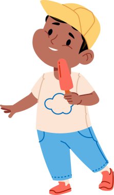 Gülümseyen bir çocuk komik bir çizgi film tarzında dondurma tutar. Genç çocuk bir ziyafetin tadını çıkarırken günlük kıyafetler ve bir şapka giyer. Çizgi film vektör illüstrasyonu.