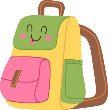 Gülen yüzlü bir sırt çantası ve çizgi film tarzında neşeli bir ifade. Poşette, dili dışarı fırlamış neşeli bir tasarım var. Çizgi film vektör illüstrasyonu.