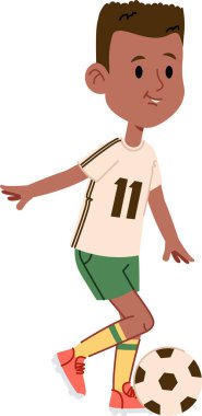 Futbol formalı bir çocuk çizgi film tarzında neşeli bir ifadeyle topu sürüyor. Çocuk topu ustalıkla kontrol ederken forma ve şort giyiyor. Çizgi film vektör illüstrasyonu.