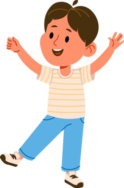 Neşeli çizgi film tarzında kollarını kaldırmış mutlu bir çocuk. Çocuk neşeli bir şekilde geniş bir gülümseme ve hareketli bir ifadeyle poz veriyor. Çizgi film vektör illüstrasyonu.