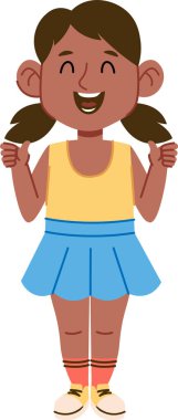 At kuyruklu gülümseyen bir kız parmaklarını şakacı bir şekilde kaldırır. Genç kadın karakter neşe ve pozitifliği ifade eder. Çizgi film vektör illüstrasyonu.