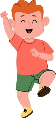 Kızıl saçlı neşeli bir çocuk gündelik kıyafetlerle enerjik bir şekilde dans eder. Mutlu çocuk bir bacağını kaldırır ve büyük bir gülümsemeyle kolunu kaldırır. Çizgi film vektör illüstrasyonu.