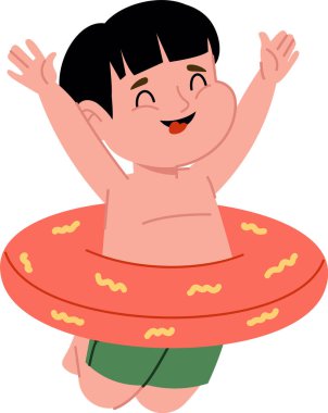 Yüzme yüzüklü neşeli bir çocuk, kolları havada, neşeli bir çizgi film tarzında. Yüzen bir tüpte gülümseyen çocuk, mutluluk ve heyecanı ifade ediyor. Çizgi film vektör illüstrasyonu.