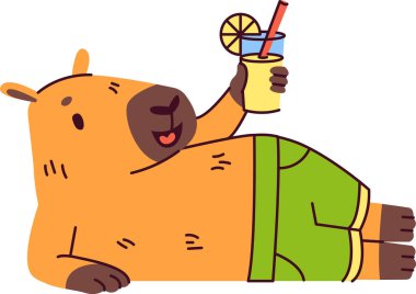 Bir Capybara salonu elinde içkiyle şort giyerek neşeli bir çizgi film tarzıyla geziyor. Hayvan, pipet ve limon dilimiyle bir içecek tutarak rahatça yaslanıyor. Çizgi film vektör illüstrasyonu.