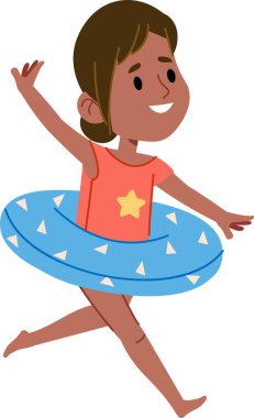 Bir kız neşeli bir çizgi film tarzında şişme bir yüzükle neşeyle oynuyor. Bir çocuk, yüzme cihazıyla neşeli ve canlı bir şekilde mutlu bir şekilde dans eder. Çizgi film vektör illüstrasyonu.