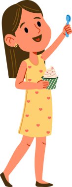 Kalp desenli elbiseli bir kızın elinde neşeli bir çizgi film tarzında dondurma bardağı ve kaşık var. Genç bayan karakter tatlıdan zevk alırken bir çatal bıçak yetiştiriyor. Çizgi film vektör illüstrasyonu.