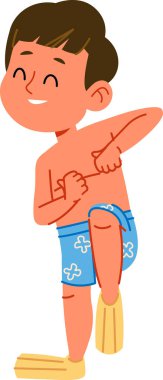 Yüzme şortu ve palet giymiş neşeli bir çocuk çizgi film tarzında gülümsüyor. Çocuk teçhizatını neşe ve su aktivitelerine hazır hale getiriyor. Çizgi film vektör illüstrasyonu.