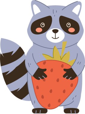 Neşeli bir rakun, neşeli bir çizgi film tarzında büyük bir çilek tutar. Gülümseyen hayvan meyveyi dostça bir ifadeyle kucaklıyor. Çizgi film vektör illüstrasyonu.