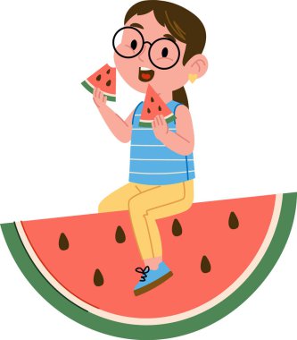 Gözlüklü bir çocuk elinde parçalarla karpuz diliminin üzerine oturur, oyuncu bir şekilde çizilir. Genç bir kız büyük bir kavun diliminde otururken mutlu bir şekilde meyve yer. Çizgi film vektör illüstrasyonu.