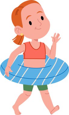 Yüzme yüzüklü, eğlenceli çizgi film tarzında bir kız. Çocuk yüzen bir tüp takıyor ve neşeyle el sallıyor. Çizgi film vektör illüstrasyonu