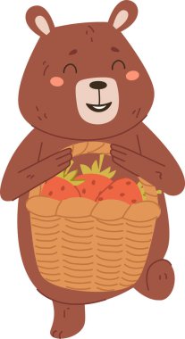 Neşeli bir ayı, neşeli bir çizgi film tarzında çilek dolu bir sepet tutar. Mutlu hayvan, içi meyve dolu bir hasır sepet taşıyor. Çizgi film vektör illüstrasyonu.