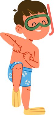 Yüzme şortlu genç bir çocuk maskesini ve şnorkelini neşeli bir çizgi film tarzında ayarlıyor. Çocuk, su altı macerasına hazır paletlerle tek ayak üzerinde duruyor. Çizgi film vektör illüstrasyonu.