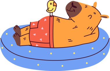 Yüzme şortlu bir Capybara, göbeğine tünemiş küçük bir kuşla havuz üzerinde şamandıra üzerinde şamandıralar çizer. Capybara, şişme bir yüzüğün üzerinde huzur içinde yatar. Çizgi film vektör illüstrasyonu.