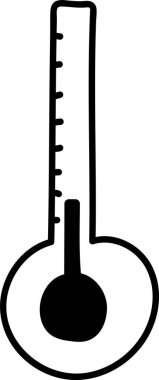 Elle çizilmiş termometre, kalın bir hatla düşük sıcaklıkta okuma gösteriyor. Çizilmiş bir ölçü, soğuk koşulları belirten işaretli ölçekte frijit bir ölçüm gösterir. Çizgi film vektör illüstrasyonu