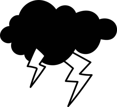 İki sivri yıldırımı olan koyu renkli bir bulut. Cesur, grafik tarzda. Resimde, keskin çizgileri ve güçlü kontrastı olan bir fırtına elementi tasvir ediliyor. Çizgi film vektör illüstrasyonu.