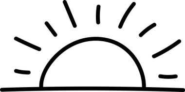 Kalın çizgilerle yükselen bir güneş. Temiz, hatları çizilmiş bir tarzda. Güneş ufuktan dışarı doğru uzanan ışınlarla doğar. Çizgi film vektör illüstrasyonu.