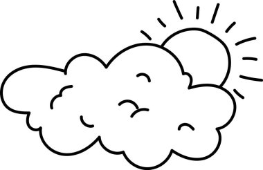 Kabarık bir bulut. Güneş çizgi film tarzında görünüyor. Güneş ışınları bulutun arkasından şakacı bir şekilde yayılır. Çizgi film vektör illüstrasyonu.
