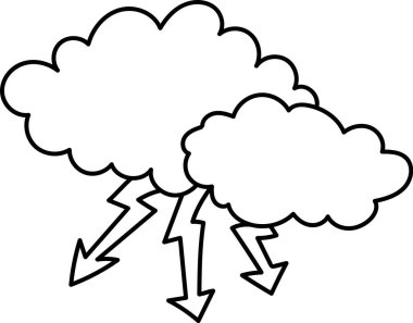Çizgi film tarzında çizilmiş, sivri yıldırımlı iki bulut. Çizgiler ve dinamik şekillerle fırtınalı havayı betimliyor. Çizgi film vektör illüstrasyonu.