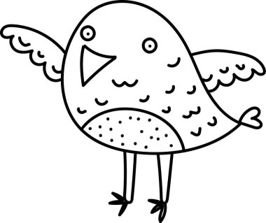 Çizgi film sanatında açık kanatlı bir karikatür kuşu. Kuşlar basit yüz hatları ve benekli göbek neşeli bir görünüm oluşturur. Çizgi film vektör illüstrasyonu.