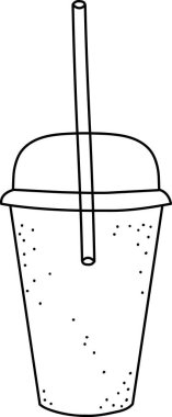 Pipetle köpüklü bir soda bardağının çizgi çizimi. Bardak bir kubbe kapağı içerir ve basit bir taslak tarzıyla tasvir edilir. Çizgi film vektör illüstrasyonu.