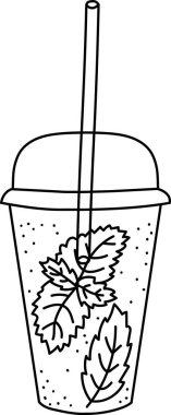 Nane yaprakları ve pipetle soğuk bir içecek çizimi. Resimde bitki yaprakları ve kapakla süslenmiş ferahlatıcı bir içecek tasvir ediliyor. Çizgi film vektör illüstrasyonu.