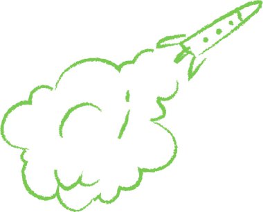 Elle çizilmiş bir roket, eskiz tarzında bir duman bulutuyla fırlatılıyor. Uzay aracı arkasında dönen bir buhar izi bırakarak yükselir. Çizgi film vektör illüstrasyonu.