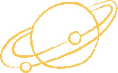 Yüzükleri yarım yamalak çizilmiş ve kaba hatları olan bir gezegen. Çizim, dokulu çizgileri olan yörüngede dönen bir gök cisimini tasvir ediyor. Çizgi film vektör illüstrasyonu.