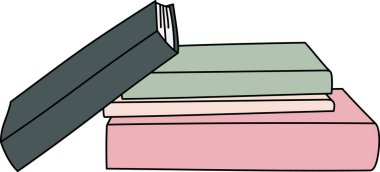 Düz bir şekilde üç kitap istiflenmiş. Bir kitap üçlüsü, kısmen açık, temiz çizgilerle çizilmiş. Çizgi film vektör illüstrasyonu.