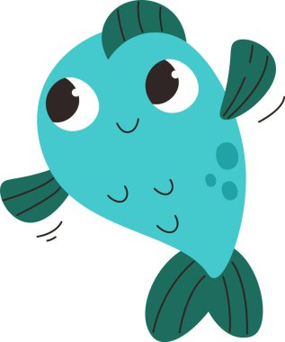 Çizgi film tarzında neşeli bir balık, büyük gözleri ve şakacı yüzgeçleri var. Balık, basit, yuvarlak şekilli ve anlamlı özellikleriyle mutlu görünüyor. Çizgi film vektör illüstrasyonu.