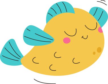 Çizgi film balığının gözleri kapalı ve basit çizgileri neşeli. Balık yuvarlak gövdesi ve stilize yüzgeçleriyle mutlu görünüyor. Çizgi film vektör illüstrasyonu.