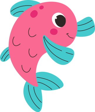 Eğlenceli bir çizgi film tarzında çizilmiş büyük gözlü ve yüzgeçli neşeli bir balık. Sudaki canlı gülümseyen bir yüze ve kavisli pullara sahiptir. Çizgi film vektör illüstrasyonu.