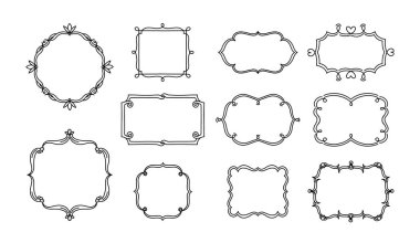 Dekoratif dekoratif çerçeveler, kaligrafik kenarlar ve kopya uzay koleksiyonlu filigran unsurları. Boş konum ana hatları çizim çizimi çizimi olan minimalist tasarım şablonları