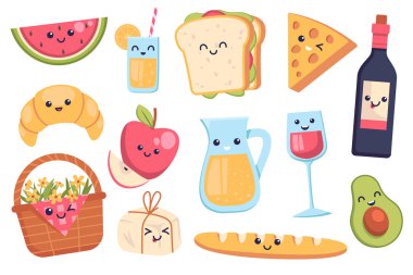 Gülümseyen piknik yemekleri ve beyaz arka planda izole edilmiş kawaii çizgi film karakterleri. Tatlı tatlı, lezzetli atıştırmalıklar, smoothie, limonata ve şarap antropomorfik maskot çizimi