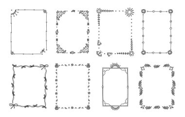 Çiçek kenarları elle çizilmiş vektör çizimi. Dekoratif tasarım ve boş boş alan izole edilmiş çerçeve. Yapraklar, çiçekler, kurdeleler ve doğal elementler geometrik afiş şablonları