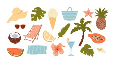 Tropik ada tatil beldelerinde yaz tatili, dinlenme yeri aksesuarları ve içecek içecekleri, tatlı abur cuburlar vektör ilülasyonu ile ayarlandı. Kaygısız yaz seyahati, turizm ve cennet rahatlığı