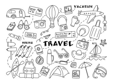 Taslak tatil aksesuarları, yaz macera unsurları, turistik malzemeler, grafik semboller, vektör illüstrasyonlarıyla el çizimi ikonlar. Yaz gezisi, tatil gezisi, plaj eğlencesi.