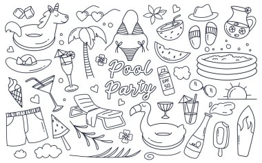 Tatil aksesuarları, palmiye yaprakları, kokteyl bardakları, mayolar, plaj cennet malzemeleri çizimleri olan tropikal tatil beldesi seti. Tatil ve dinlenme.