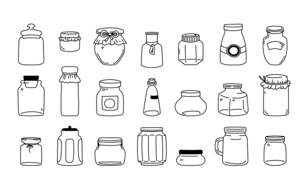 Collection of hand-drawn jars kitchen utensils for storage canning food preserves isolated on white background. Bottles, glasses, packaging for products, seasoning, jam dessert vector illustration