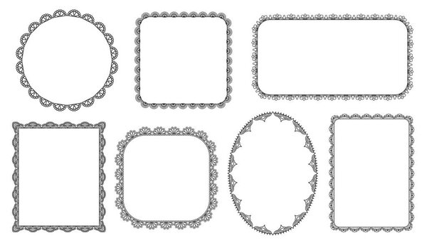 Elegant textile lace borders and frames of geometric shapes classic design with empty blank space black-and-white isolated set. Vintage banner templates for invitation and greeting vector illustration