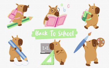 Aksesuarlar ve kırtasiye ürünleri vektör illüstrasyonunu inceleyen komik capybara sevimli hayvan öğrenci çizgi film karakteri. Okula dönüş, eğitim karalama tarzı beyaz arka planda izole edilmiş